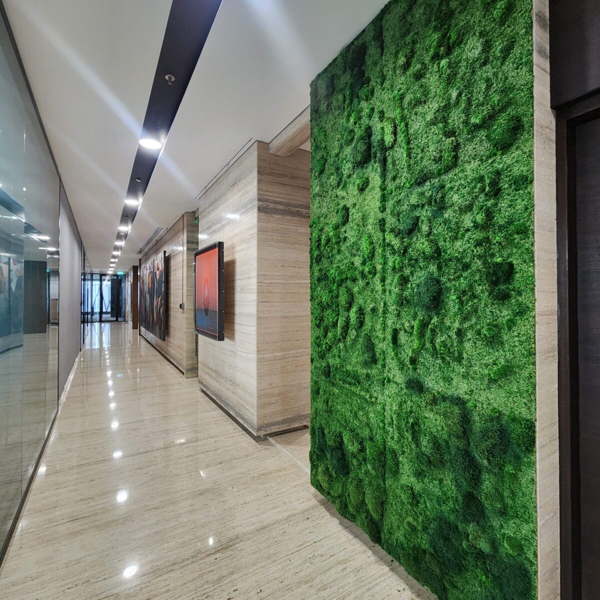 Stunning mosswall for office space made with preserved moss